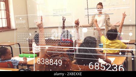 Image of graphs, connected dots and loading bars, diverse students raising hands in classroom Stock Photo