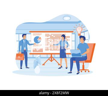 Businesswoman speaking, presenting graphs on board presentation. Group of business people training. flat vector modern illustration Stock Vector