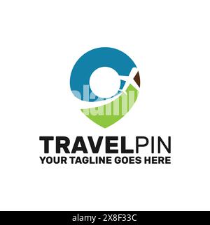 travel pin logo template, location pin   as geographical sign with plane icon Stock Vector