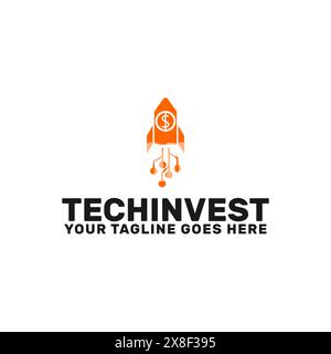 a rocket with dollar sign flying up with technology sign . tech investment for startups logo template Stock Vector