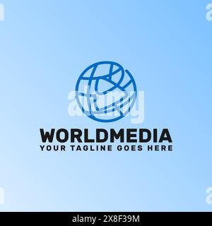 world media logo template, line art globe with play button icon. Stock Vector
