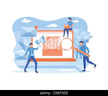Composition with giant tablet PC, letter in envelope on screen, group of working people or team of marketers. Email marketing, internet advertisement, Stock Vector