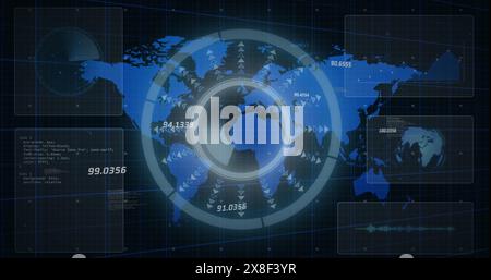 Image of interface with round scanner and data processing over world map on black background Stock Photo