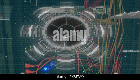 Image of round scanner and data processing over close up of a motherboard Stock Photo
