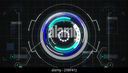 Image of interface with neon round scanner and data processing against black background Stock Photo