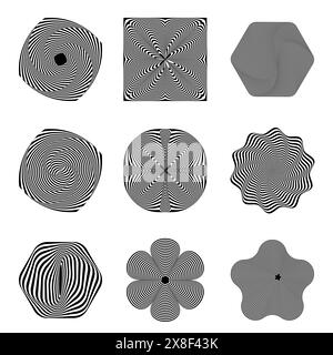 Set of 9 hypnotic designs showcases a harmonious blend of precision and fluidity, creating striking visual illusions. Stock Vector