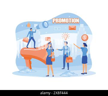 Advertising, marketing, promotion concept. Loudspeaker speaks to the crowd. Promoters speak in big megaphones and business people listen to announceme Stock Vector