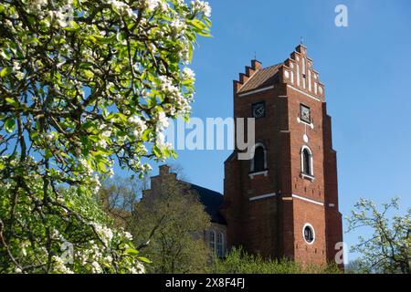 Rödtornet red church tower in Vadstena, Sweden with green and blossoming tree in spring Stock Photo