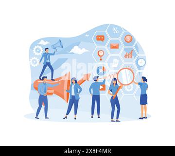 Advertising people concept. Communication announcement by megaphone, business digital advertisement design. Man woman character announce promotion. fl Stock Vector