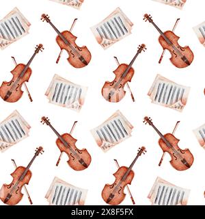 Seamless pattern with violin, bow and sheet music. Classical string instrument wallpaper. Hand drawn watercolor illustration isolated background Stock Photo