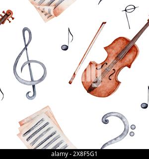 Seamless pattern with violin, bow and sheet music. Treble Bass clef and music notes wallpaper. Hand drawn watercolor illustration isolated on white ba Stock Photo