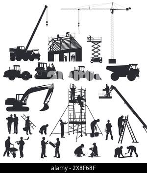 Construction workers on the construction site with construction machinery, illustration Stock Vector