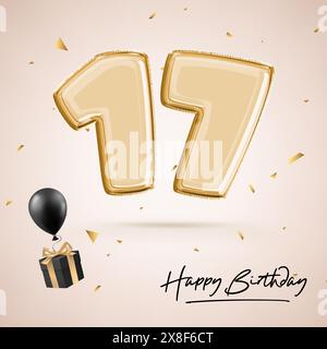 Seventeen year anniversary celebration, birthday number 17, black balloon, birthday poster, congratulations, gold numbers with glittery gold confetti. Stock Photo