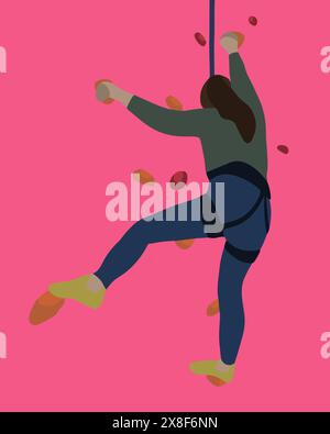 Vector isolated illustration of a girl on a climbing wall. Training of climbers. Stock Vector