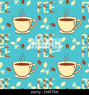 Coffee mugs with hot drink and coffee beans and letters seamless pattern on blue background. Vector illustration Stock Vector