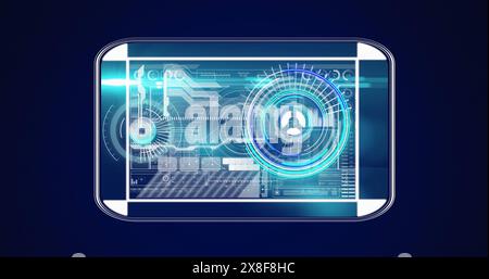 Image of interface with neon round scanner and data processing against blue background Stock Photo
