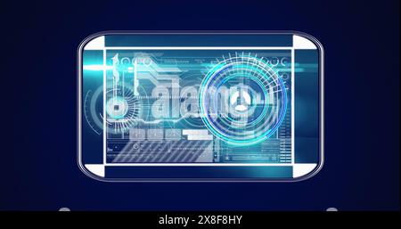 Image of interface with neon round scanner and data processing against blue background Stock Photo