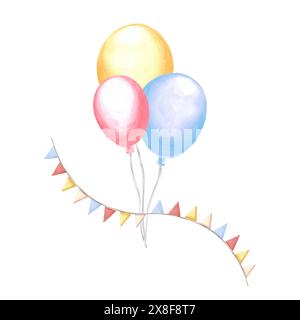 Helium balloons banch with pennant garland Colorful Happy Birthday festive clipart. Hand drawn watercolor illustration isolated Template for holiday d Stock Photo