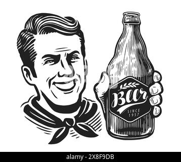Happy man with bottle of beer. Fresh alcoholic drink. Black and white illustration for bar or restaurant menu design Stock Vector