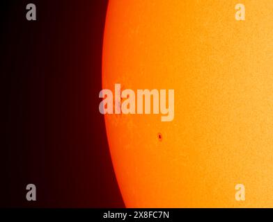 London, UK. 25th May, 2024. Closeup of large sunspot AR3663 which is now visible as it re-emerges from the limb of the sun. This region created Earth facing solar flares earlier in May. Credit: Malcolm Park/Alamy Live News Stock Photo