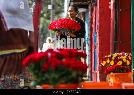 Addis Ababa, Ethiopia. 24th May, 2024. A woman holds a bunch of flowers at a floral shop in Addis Ababa, the capital of Ethiopia, on May 24, 2024. Credit: Michael Tewelde/Xinhua/Alamy Live News Stock Photo