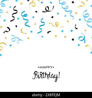 Happy Birthday card in blue and golden colors. Celebration vector illustration with confetti and serpentine ribbons Stock Vector