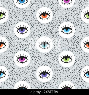Abstract vector seamless pattern with watercolor colorful eyes. Retro fashion texture Stock Vector