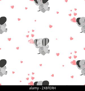 Cute baby elephants with hearts seamless pattern. Vector background Stock Vector