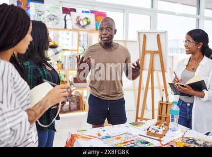 Group, people or art class with discussion for creative learning, students with notes on painting. Male professor, communication or course with book Stock Photo