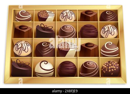 A variety of sweet chocolates in a golden box on white background. Top view, vector illustration Stock Vector