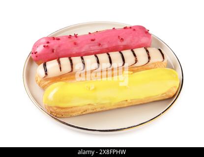 Delicious eclairs covered with glaze isolated on white Stock Photo