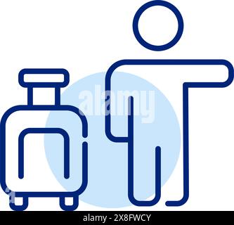 Person with cabin size wheeler luggage hailing taxi. Airport transportation, hotel pickup service. Pixel perfect icon Stock Vector