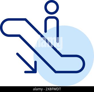 Person standing on escalator going down. Vertical moving stairs. Pixel perfect, editable stroke icon Stock Vector