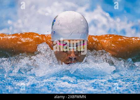 LONDON, UNITED KINGDOM. 25 May, 2024. James Guy of Great Britain competes in Men's 100m Butterfly heats during AP Race London International 2024 at London Aquatics Centre on Saturday, 25 May, 2024. LONDON ENGLAND. Credit: Taka G Wu/Alamy Live News Stock Photo