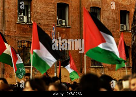 The Palestinian flag flies among protesters fighting for a new state free from Israel. Dramatic war in the Middle East. Hundreds of deaths and attacks Stock Photo