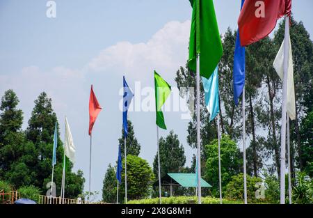 Colorful flag under the blue sky and white clouds Stock Photo