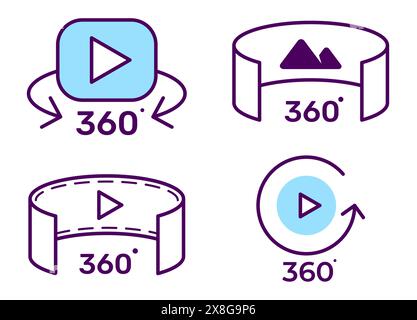 Virtual cinema and panoramic video icon, VR and 360 degree view surround video of video with full turn angle, vector Stock Vector