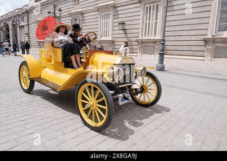 Classic and antique car meetings in Madrid held in the Plaza de Oriente of the Royal Palace of Madrid, May 25, 2024, Spain Stock Photo