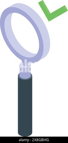 3d isometric illustration of a magnifying glass with a green check mark, symbolizing search and approval Stock Vector
