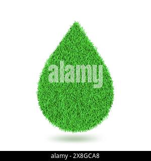 Water drop shape with realistic lawn grass texture, isolated on white background. Vector eco plant design element. Ecology environment concept Stock Vector