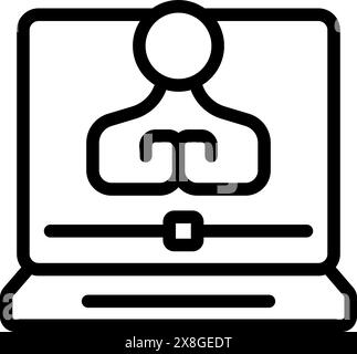 Black and white iconographic image depicting a person on a computer screen for video conferencing Stock Vector