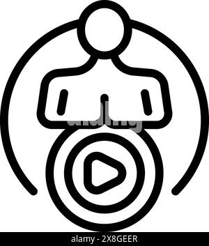 Linework illustration of a podcast symbol featuring a person with headphones and a central play button Stock Vector