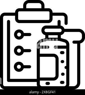 Black and white line art icon featuring a clipboard with checkboxes and a bottle of medicine Stock Vector