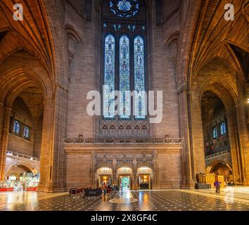 The Welsford bistro beneath large stained glass windows inside Liverpool Cathedral, Liverpool, Merseyside, UK on 22 May 2024 Stock Photo