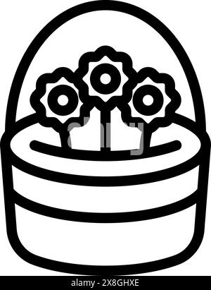 Black and white line art of a basket with stylized flowers, suitable for various design uses Stock Vector