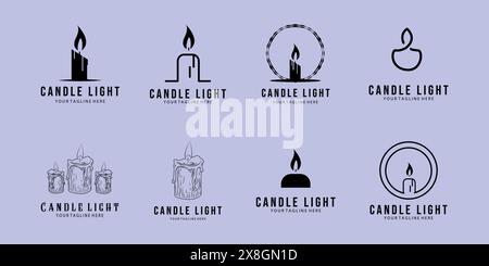Candle light logo set vector illustration design, line art with vintage Stock Vector