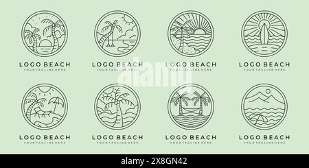 set of line art beach icon logo vector illustration design, ocean landscape whit badge emblem and wave minimal logo design Stock Vector