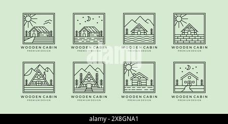 Set Bundle of Cabin Cottage Line Art Logo Vector Minimalist Illustration Design Lake River Ocean Wave Sunrise Forest Pine Tree Stock Vector
