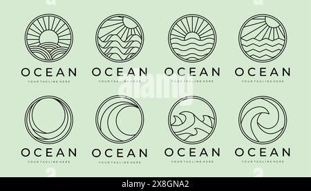 set of ocean waves minimalist line art logo vector illustration template design. bundle collection various of ocean wave isolated with badge icon logo Stock Vector