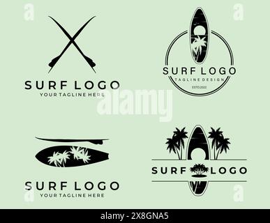 Set of vintage surfing logo graphics, logos, labels and emblems. Surf t-shirt design. Stock Vector